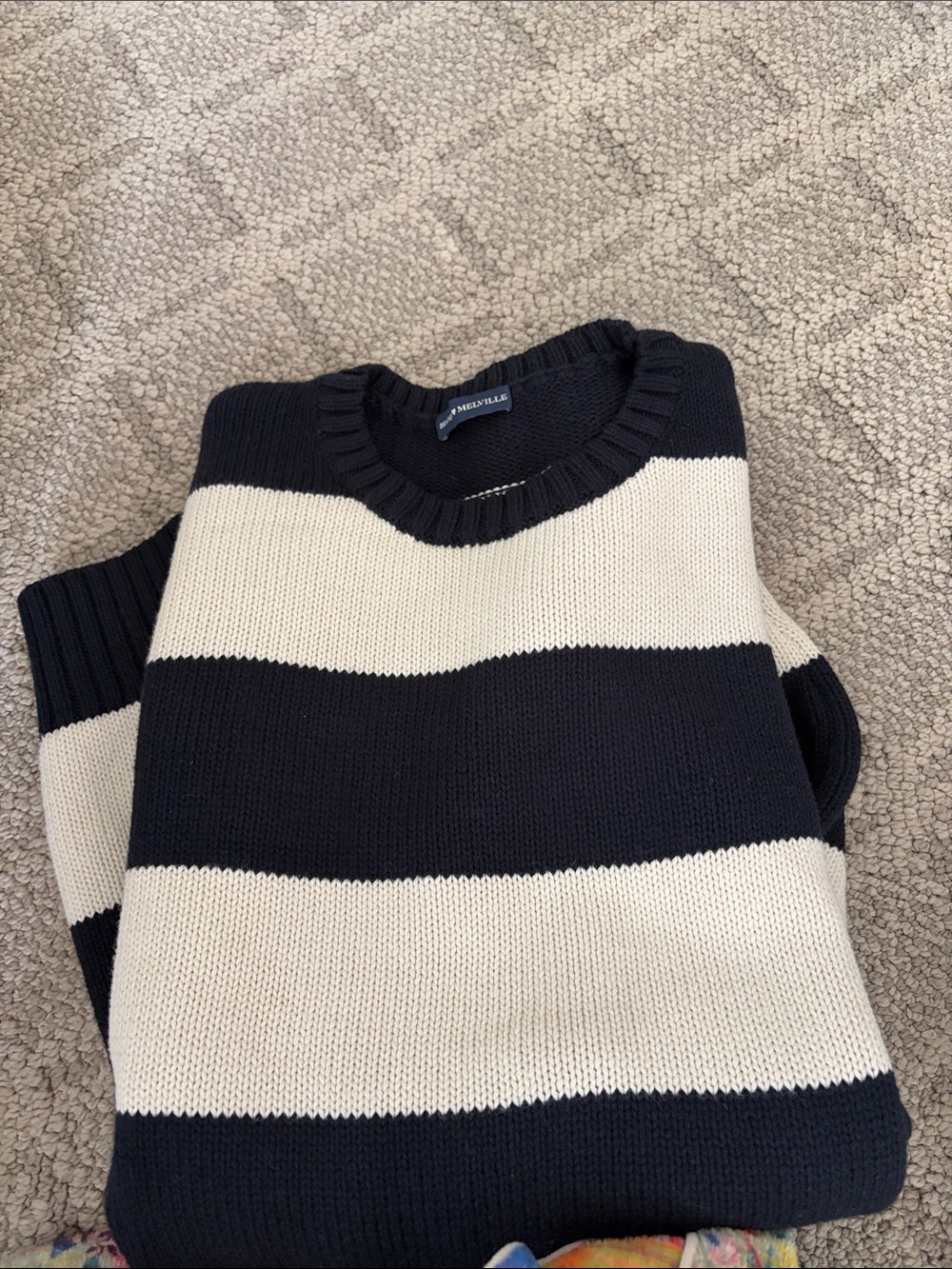 Striped Crewneck Sweater in Navy and Cream
